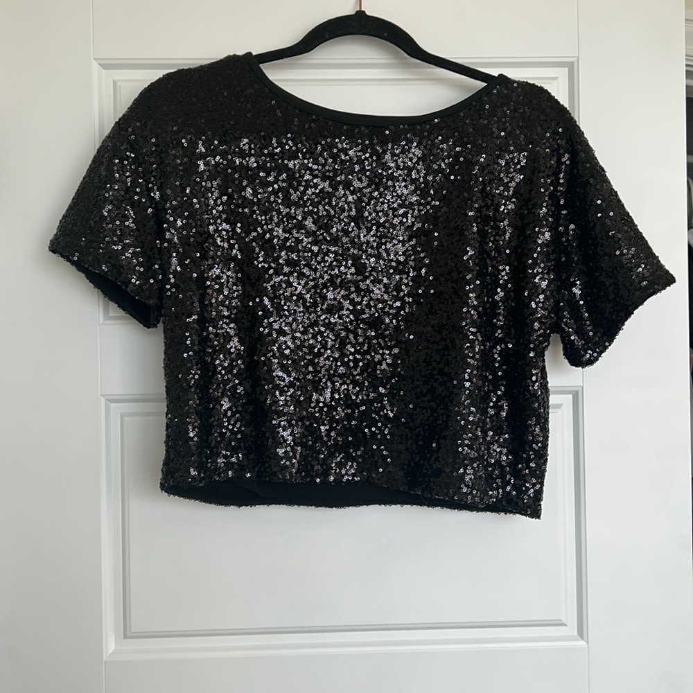 Black Sequin Boxy Crop Shirt